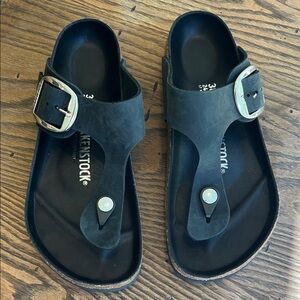 NEW! Birkenstock Gizeh Big Buckle black oiled leather thong sandal size 7-7.5